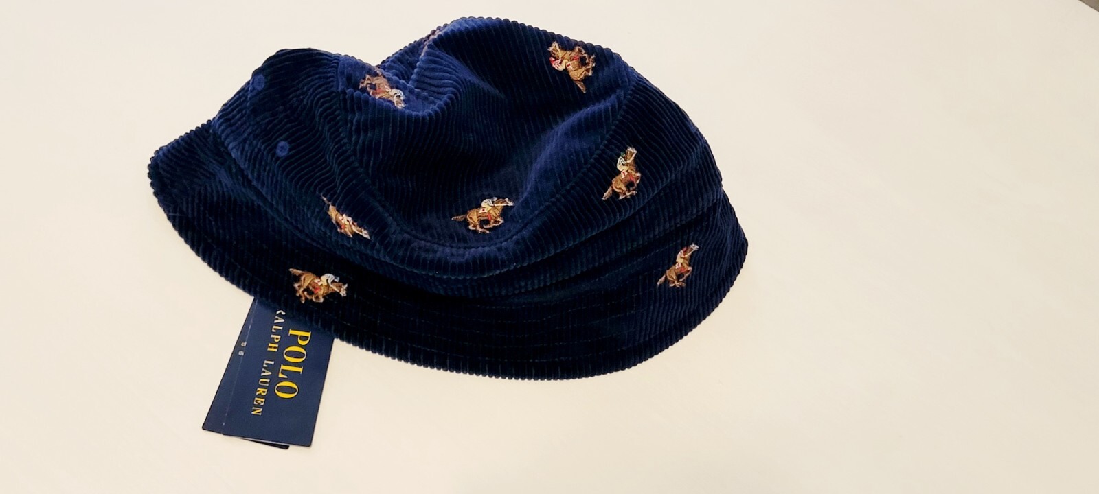 Cappello a secchiello Polo Ralph Lauren blu navy in velluto a coste ALL OVER PONY NUOVO CON ETICHETTE S M