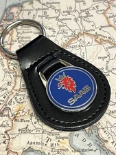 SAAB ENAMEL BLACK LEATHER KEY RING FOB 9-3 900 9000 92 96