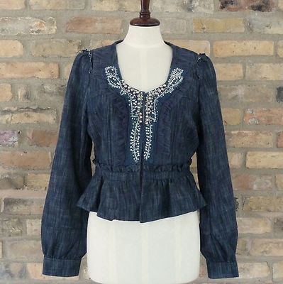 MOON Womens L Blue Denim Jean Jacket | Long Sleeve Designer Blazer, Pearl Detail