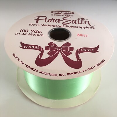 RIBBON FLORA-SATIN Vintage Green Mint 1 Spool Craft BERWICK 2 sided 3in wide