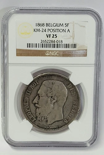 1868 BELGIUM 5 FRANCS SILVER CROWN POSITION A VF 25 NGC LEOPOLD II