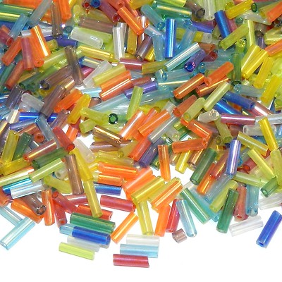BU1106 Assorted Color Transparent Rainbow 6mm Straight Bugle Seed Beads 1-oz