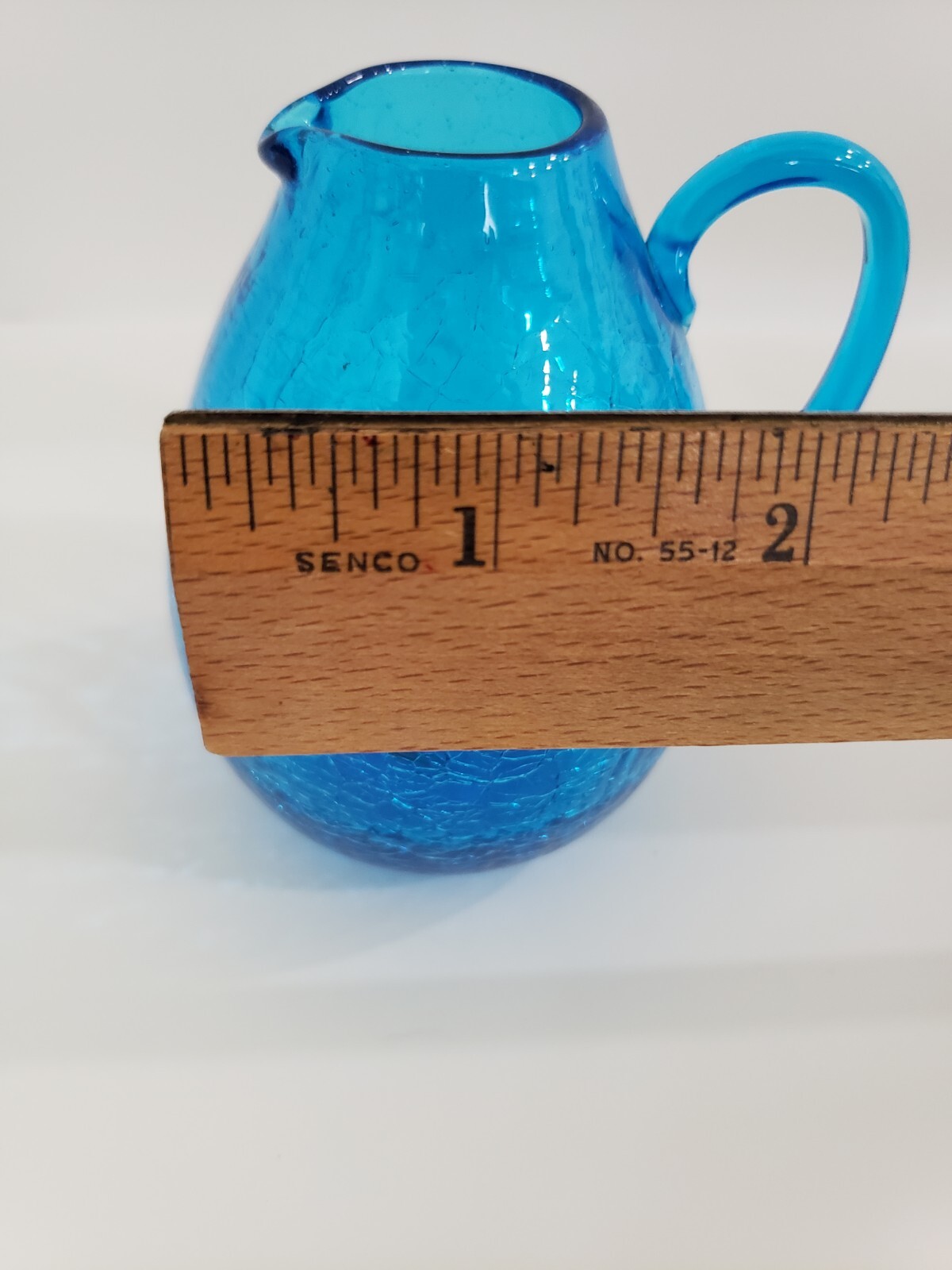 Vintage Blue Crackle Glass Mini Pitcher Bud Vase Applied Handle Approx 3.5”H