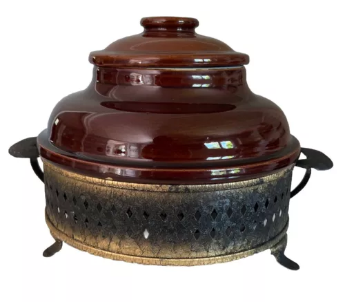 Vtg Round Stoneware Crock/Bean Pot w/ Lid and Metal Stand 