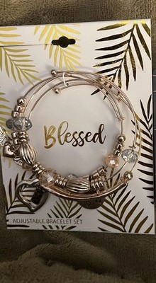 New With Tags Set of 3 BLESSED Bracelets Each Adjustable Pink Beads, Wings Heart