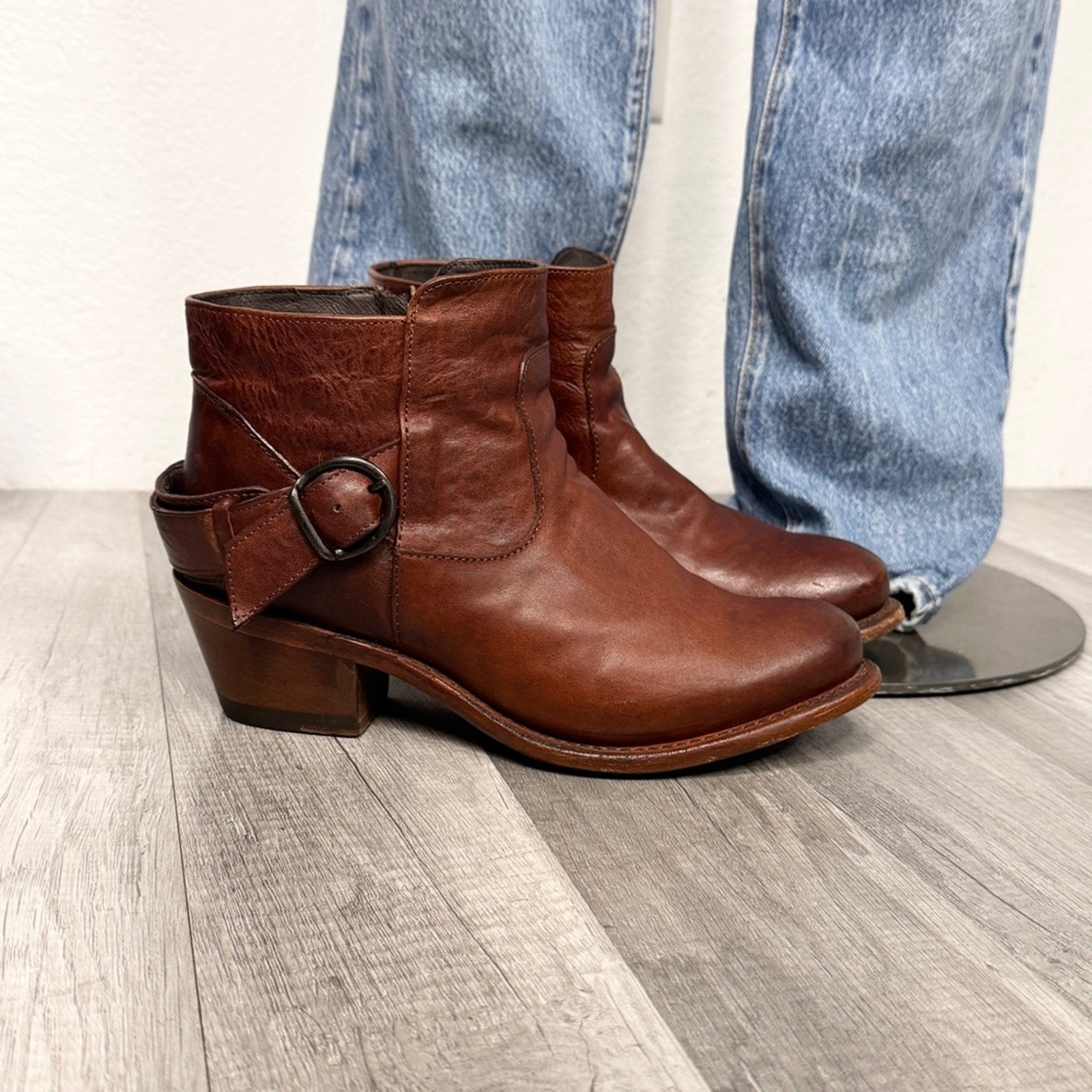 Overland Women's Aubrey Leather Ankle Boots Western Brown Size 7 Boho Buckle
