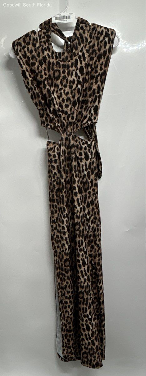 I Love Fashion Womens Black Brown Animal Print Cut Out Maxi Dress Sz L&S W/Tags