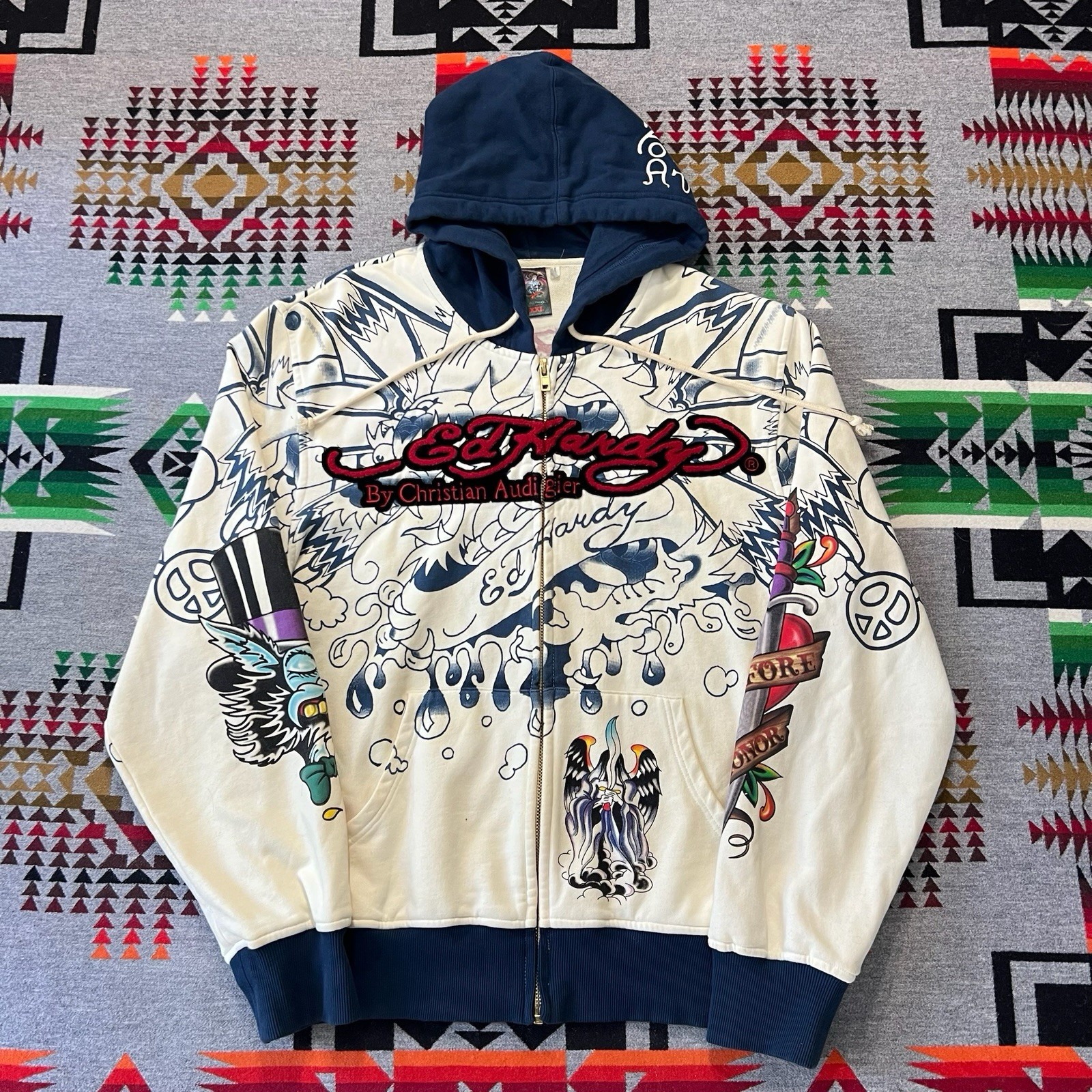 Vtg Y2K Ed Hardy Christian Audigier Tattoo Hoodie Mens 2XL Full Zip Live To Ride image 2