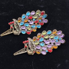 Peacock Multicolor Rhinestone Clip-On Hair Clips Barrettes Bronze Pair