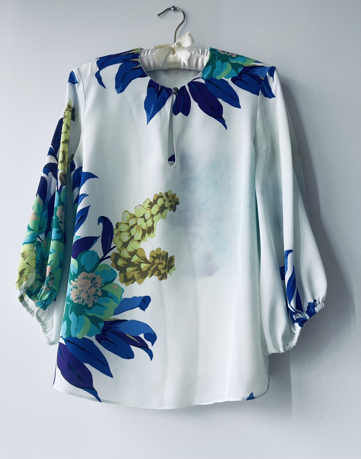 ETRO Silk Blouse, White w/Blue Green Flowers Pattern, Size 40 IT, Made in Italy.