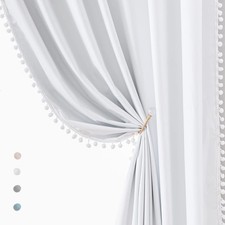 White Blackout Curtains for Living Room Bedroom 84inch Long Pom Pom Curtain P...