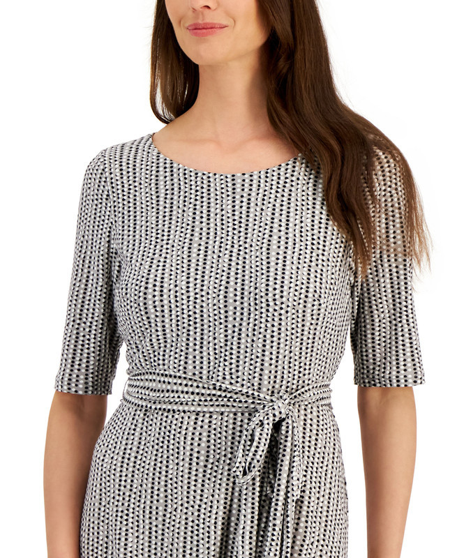 Kasper Women’s Pebble Stretch Crepe Dress – Round Neck, Cap Sleeves & Belted | Casual Chic Dress