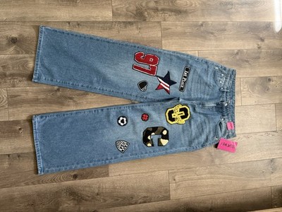 Justice Girls Size 5 Blue Denim Straight Jeans Patchwork Soccer Light Wash