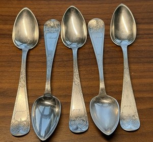 5 Coin Silver Teaspoons R.&.W. Wilson c1825- Engraved 'Hood', 112 Grams, 5 3/4”.