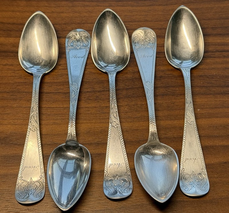 5 Coin Silver Teaspoons R.&.W. Wilson c1825- Engraved 'Hood', 112 Grams, 5 3/4”.