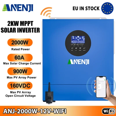 ANENJI 2000W 12V Solar Inverter Hybrid Off-Grid MPPT 60A Pure Sine Wave 220V 160V WIFI