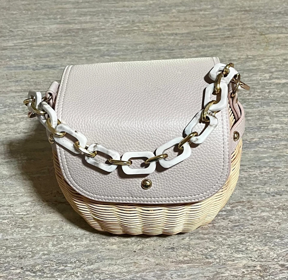 Tommy Bahama Pink Blush and Tan Bag Wicker Basket Satchel.  - Image 2 of 4