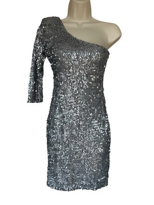 SEQUIN ONE SHOULDER MINI DRESS SIZE XS SILVER GRAY SPARKLY FESTIVE SEXY EUC  | eBay