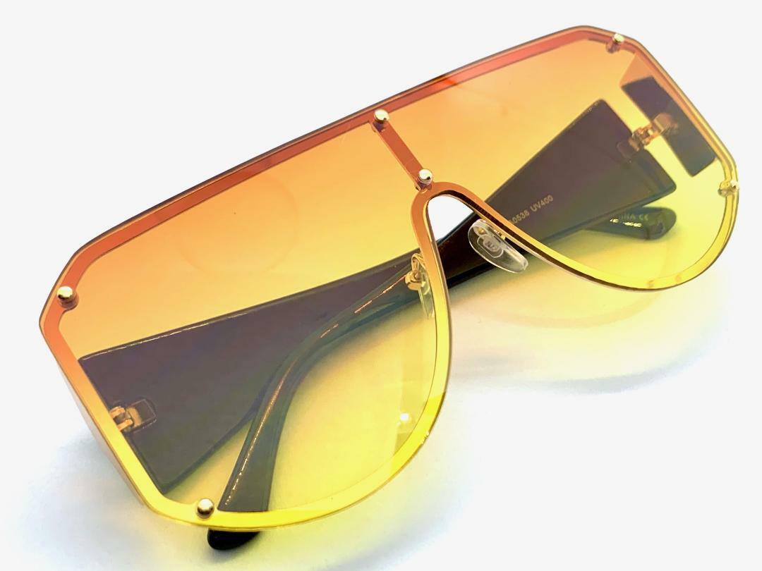 OVERSIZED Exaggerated Retro Shield SUNGLASSES Gold Frame Flat Orange Yellow Lens