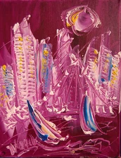 PURPLE   CITY  MARK KAZAV - ORIGINAL OIL PAINTING ABSTRACT MODERN ART  CANVAS