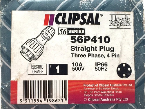 CLIPSAL Straight Plug 56P410 Three Phase 4 Pin 10A 500V 50Hz IP66 Electic Orange - Picture 7 of 8