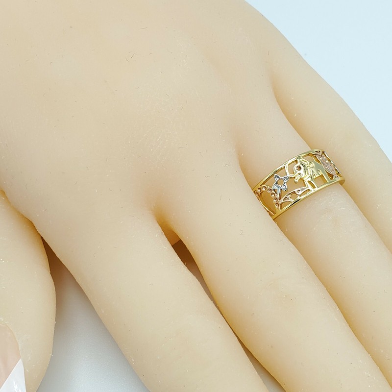 Tri Tone Gold Plated Good Luck Owl Elephant Eye Clover Buena Suerte Ring - Product main view