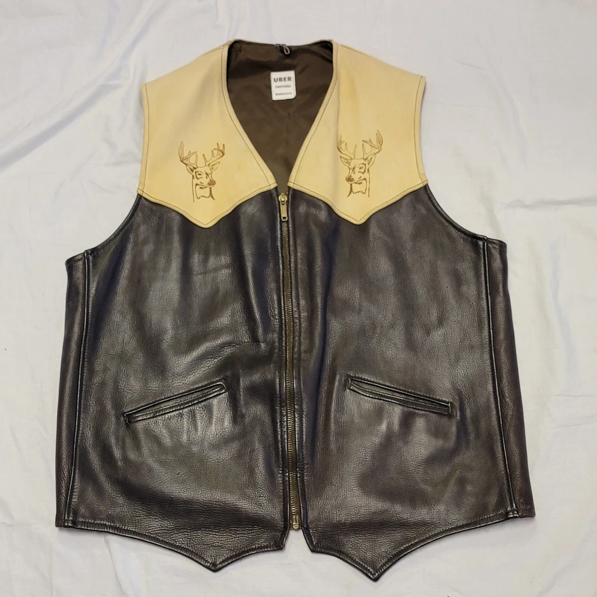 Vintage 70s UBER Buckskin Vest Owatonna Minnesota Size Medium Leather Brown Tan
