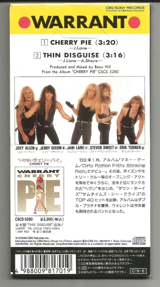 WARRANT Cherry Pie / Thin Disguise JAPAN MINI 3 INCH CD single CD3 USA Seller Foto 2 de 2