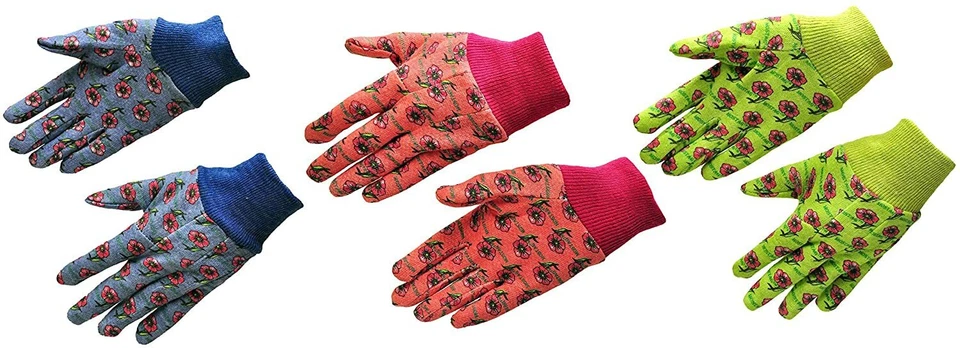 G & F 1823-3 JustForKids Soft Jersey Kids Garden Gloves, 3 Pairs Green/Red/Blue - Image 2 of 4