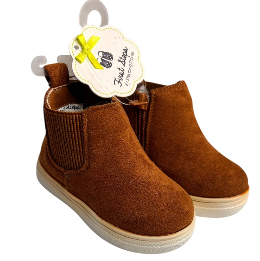 First Steps, Baby Shoes Boots, Chelsea Pull On/Zip Elastic Ankle Brown  Sz 4