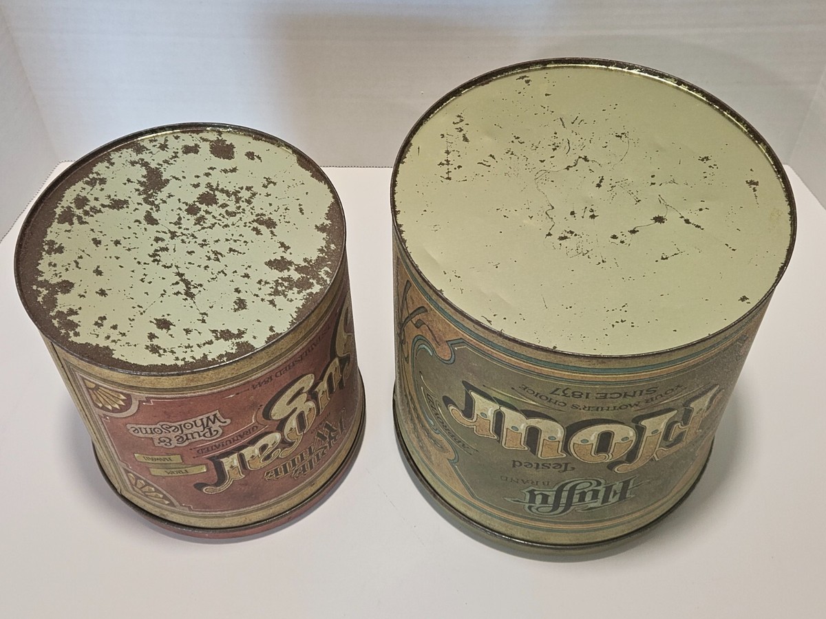 2 Vintage Canister Fluffy Flour and Brite White Sugar Nesting Tins