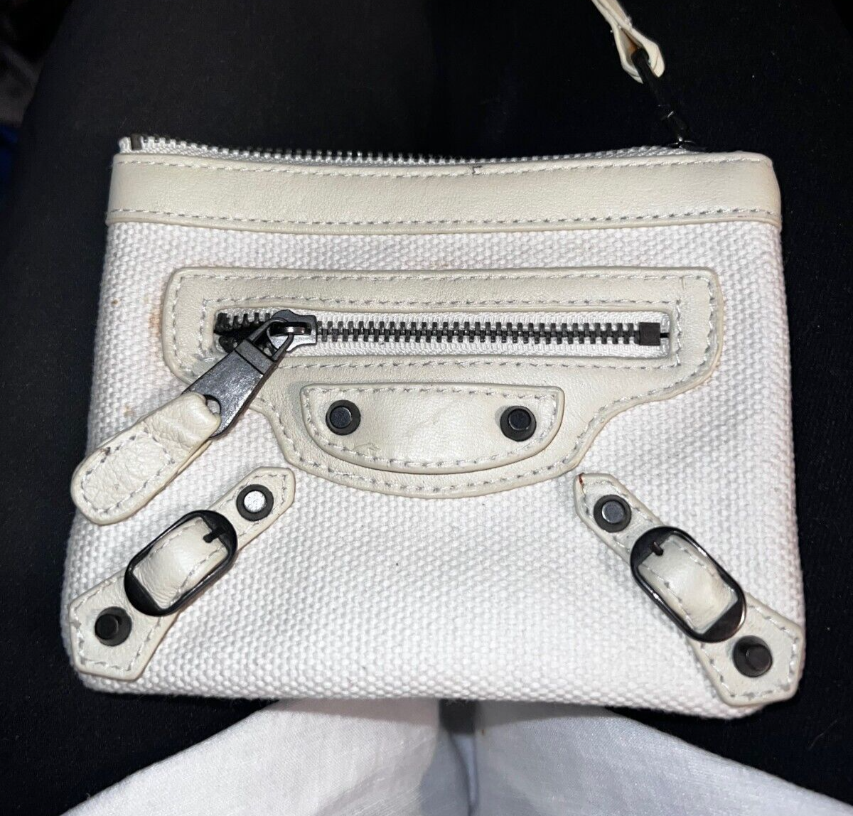 Balenciaga Paris cream canvas small zip pouch clutch