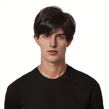 New Partial Black Short Hair Men's Wig Full Head Cover Fluffy Short Straight Wig