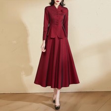 Set maniche lunghe rosso vino donna primavera 2025 nuovo giacca corta gonna set due pezzi