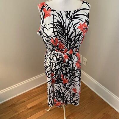 Kim Rogers ladies Black & White Floral belted A-Line casual dress size XL