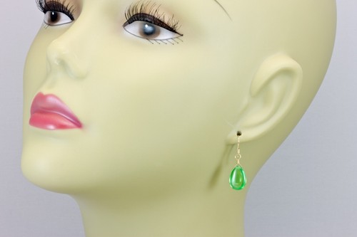14k Gold Cubic Zirconia Earrings Simulated Peridot CZ Sterling Smooth Dangles - Picture 2 of 4