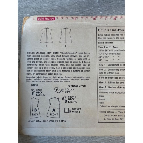 Abito TAGLIO modello cucito semplicità 4872 JIFFY bambina taglia 2 - Foto 2 di 3