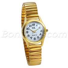 Women's Gold Tone Elastic Stainless Steel Ultra Thin Quartz Dress Wrist Watch
