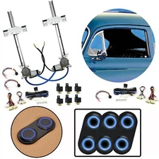 2 Door Flat Glass Power Window Kit Blue Lighted Black Billet Aluminum Switches