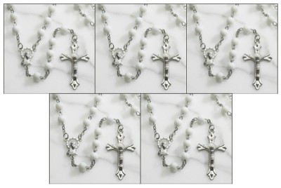 White Round Glass 6MM Beads Rosary 20'' Length Crucifix Virgin Mary Medal 5 Pack