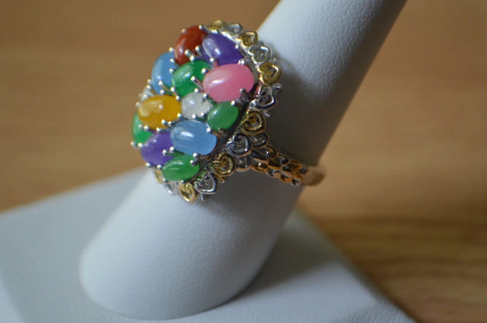 6.60ct Natural Multi Color Jade Ring 18k YG & Rhodium over Fine Silver Size 8 - Image 3 of 4