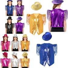 Boys Girls Sequin Performance Vest with Hat Sparkling Hip Hop Dance Top Stage
