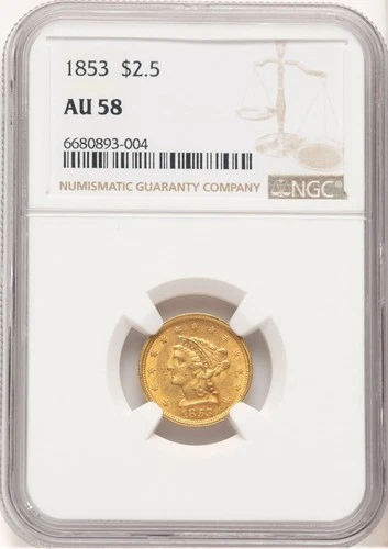1853 LIBERTY HEAD $2.5 QUARTER EAGLE GOLD NGC  AU58