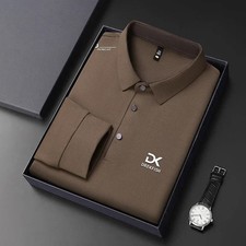 New Men's Business Casual Long Sleeved Shirt with Badge Solid Color Polo Shirt F
