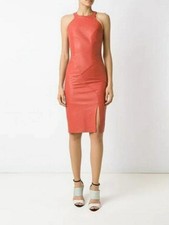 Bodycon Cocktail Clubwear Designer Red Party Real Leather Women Dress