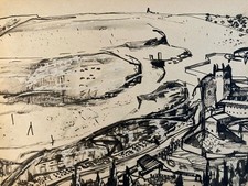 Gemälde Gouache Michel Henry Landschaft Dorf Alt 1950 Alte Kunst XX. Jahrhundert