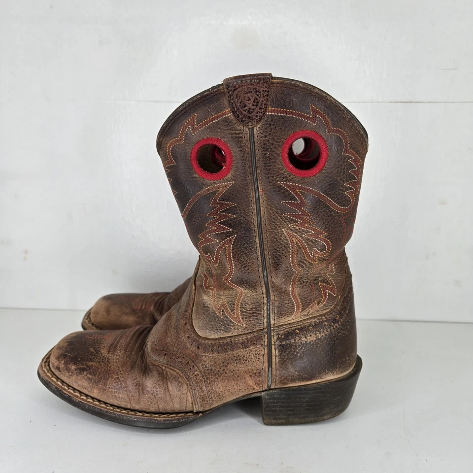 Botas occidentales ARIAT Tombstone para niños talla 2 zapatos de cuero marrón punta cuadrada suave Foto 4 de 4