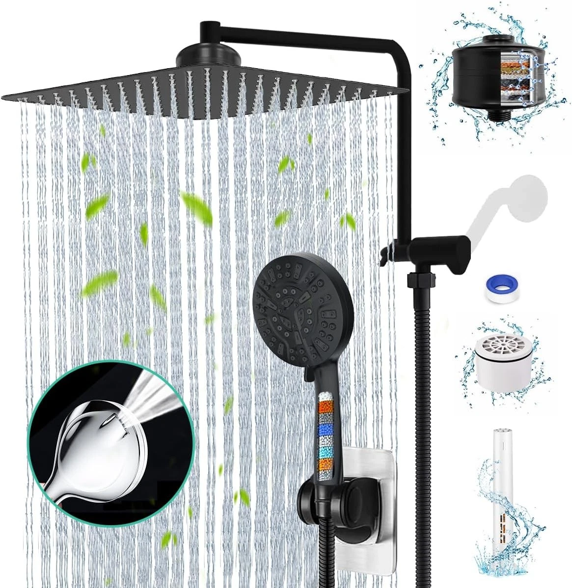 Matte Black Shower Head Filters 12in Rain Handheld Spray