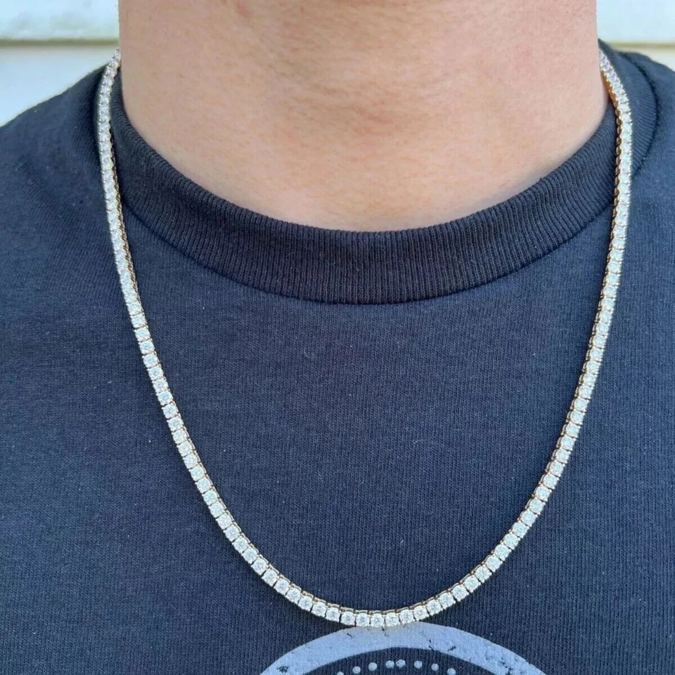 Collar de tenis redondo de diamantes creados en laboratorio de 13,8 quilates para hombre de oro amarillo de 22" de 14 quilates Foto 2 de 4