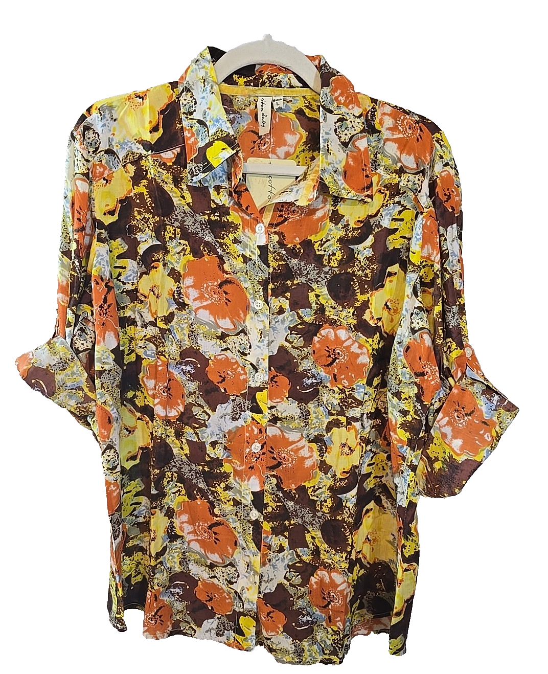 Cotton Daisy Button Down Shirt Lightweight roll tab sleeves Hipster Size L New